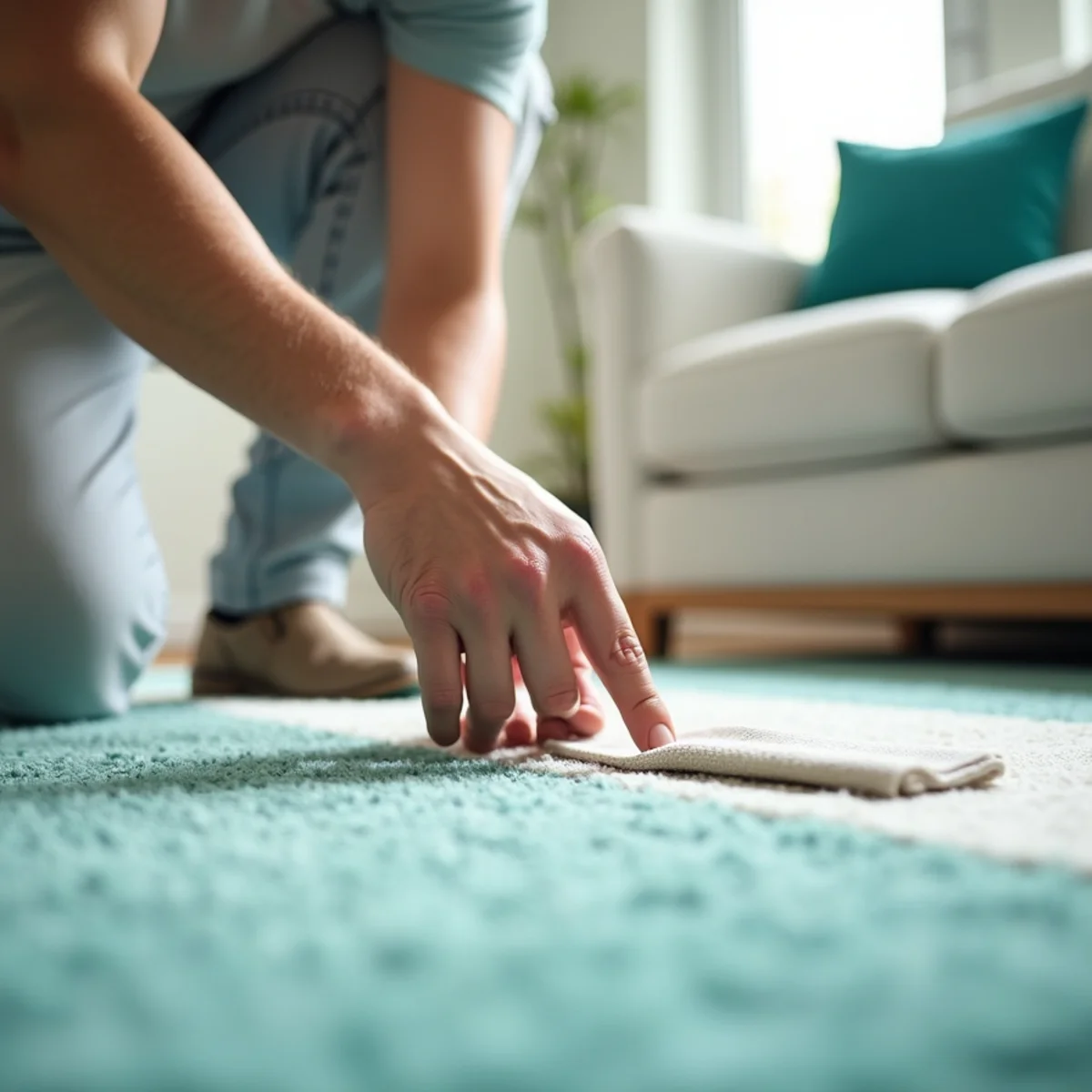 Technician inspecting carpet before cleaning