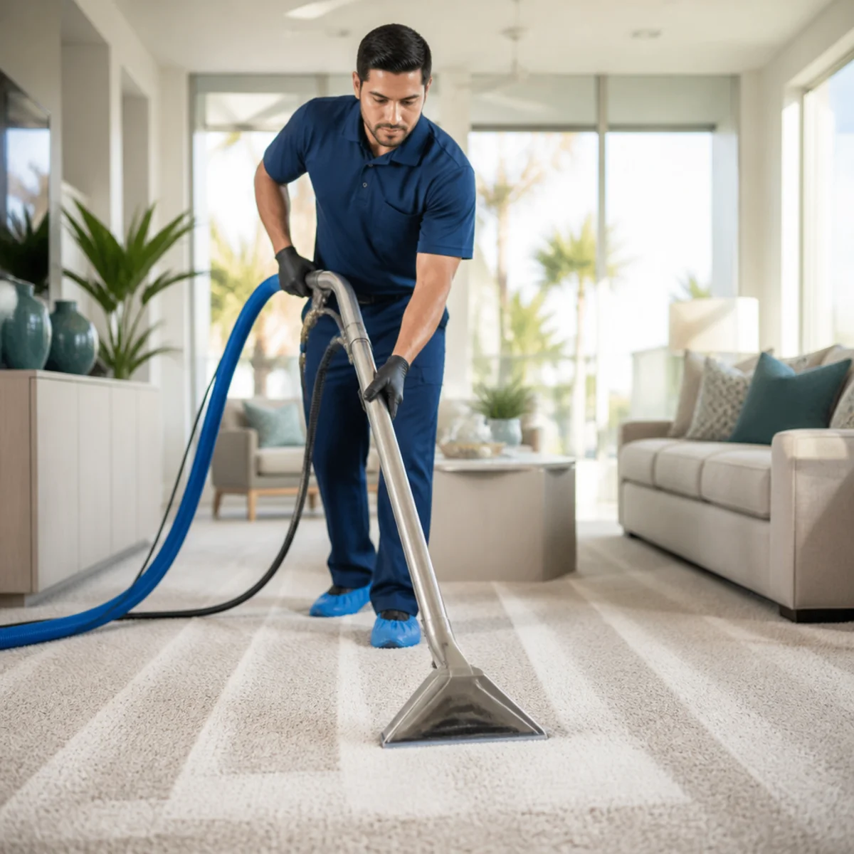 Professional carpet cleaning in a bright Fresno, California living room