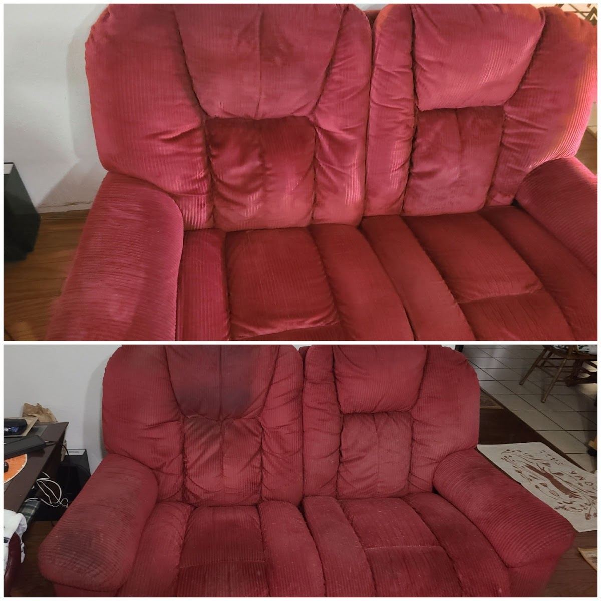 Red microfiber sofa upholstery before and after